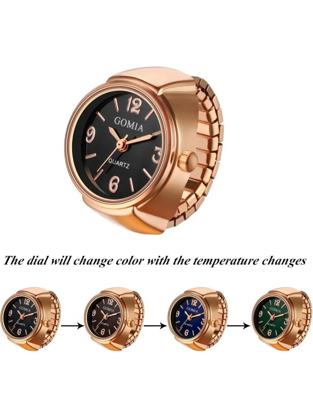 Unisex Rose Gold Analog Quartz Stretchy Elastic Band Analogue Finger Ring Watch